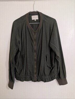 Lucky Brand Linen Blend Utility Bomber Jacket Army Green Ruched Hem Large